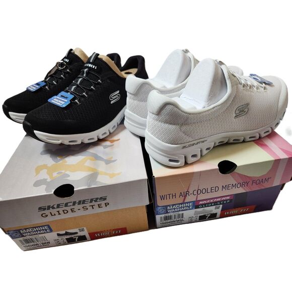2 Pairs Skechers Glide-Step Women’s Size 7 Wide Fit | Black & White | No-Tie - Picture 1 of 11